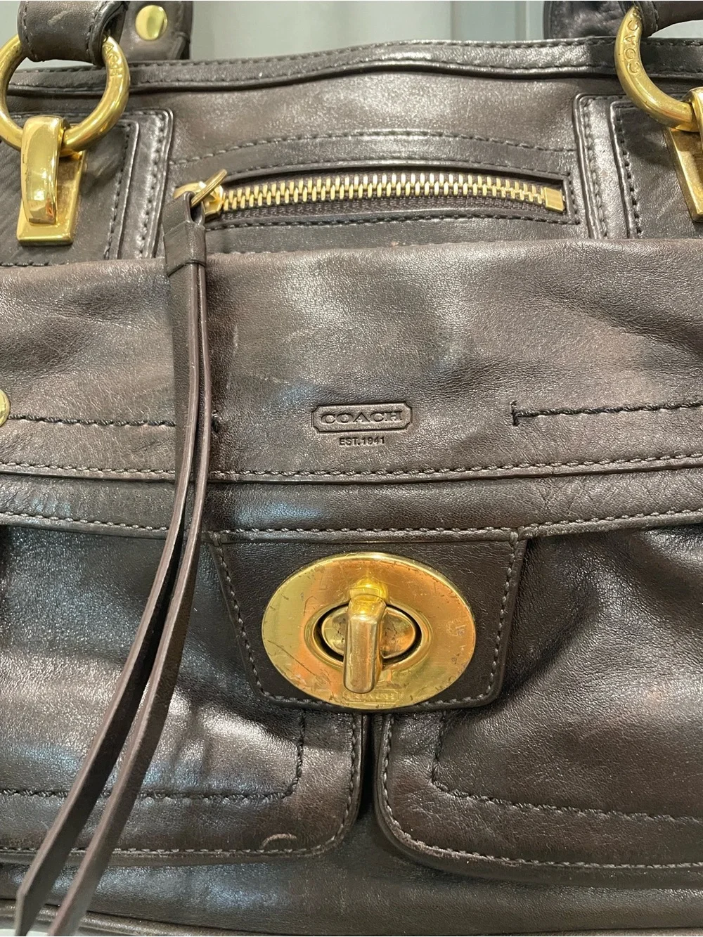 Coach Black Leather Handbag with Purple Lining